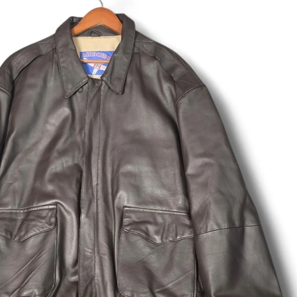 Vintage Airborne Brown Leather Bomber Flight Jacket Mens XLT American Flag Lined
